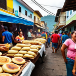 **A vibrant street food market in El Salvador, overflowing with Pupusas, Tamales, and fried Plantains. Local vendors with smiling faces are serving customers. In the background, colorful colonial buildings and bustling crowds create a lively atmosphere. (Food photography, street scene, El Salvador)**