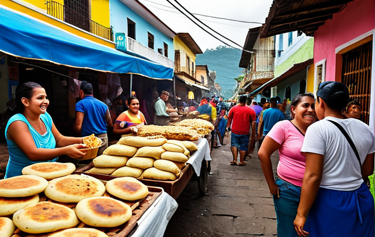 **A vibrant street food market in El Salvador, overflowing with Pupusas, Tamales, and fried Plantains. Local vendors with smiling faces are serving customers. In the background, colorful colonial buildings and bustling crowds create a lively atmosphere. (Food photography, street scene, El Salvador)**