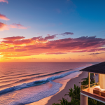 **Image 1 Prompt:** An aerial, vibrant sunset shot of a luxurious, modern beachfront villa in El Salvador, with subtle, shimmering Bitcoin symbols digitally overlaid on the ocean or sky, symbolizing cryptocurrency investment in prime real estate. The scene evokes prosperity and innovation.
