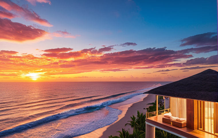 **Image 1 Prompt:** An aerial, vibrant sunset shot of a luxurious, modern beachfront villa in El Salvador, with subtle, shimmering Bitcoin symbols digitally overlaid on the ocean or sky, symbolizing cryptocurrency investment in prime real estate. The scene evokes prosperity and innovation.