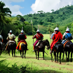 A powerful historical scene depicting the arrival of Spanish conquistadors in 16th century El Salvador. A group of heavily armored Spanish conquistadors on horseback, led by Pedro de Alvarado, stand against a lush, vibrant Central American jungle. They face a group of indigenous Pipil people in their traditional, modest attire, standing in a clearing near their village. The atmosphere is one of tense, initial encounter, emphasizing cultural collision and the beginning of a new era. This is a professional historical photograph, fully clothed, appropriate attire, safe for work, perfect anatomy, correct proportions, natural pose, well-formed hands, proper finger count, natural body proportions, family-friendly, high quality, professional dress.
