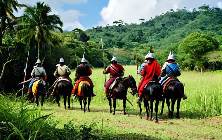 A powerful historical scene depicting the arrival of Spanish conquistadors in 16th century El Salvador. A group of heavily armored Spanish conquistadors on horseback, led by Pedro de Alvarado, stand against a lush, vibrant Central American jungle. They face a group of indigenous Pipil people in their traditional, modest attire, standing in a clearing near their village. The atmosphere is one of tense, initial encounter, emphasizing cultural collision and the beginning of a new era. This is a professional historical photograph, fully clothed, appropriate attire, safe for work, perfect anatomy, correct proportions, natural pose, well-formed hands, proper finger count, natural body proportions, family-friendly, high quality, professional dress.