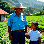 A multi-generational El Salvadoran farming family, a father and his young daughter, standing together in a dry, sun-drenched coffee plantation. They are dressed in simple, modest, and practical rural attire, fully clothed, with natural poses. In the background, humble dwellings blend into the landscape under a warm, late afternoon sky. The scene conveys a sense of enduring daily life and resilience. Perfect anatomy, correct proportions, well-formed hands, proper finger count, natural body proportions, safe for work, appropriate content, fully clothed, modest, professional photography, high quality.