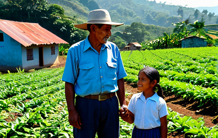 A multi-generational El Salvadoran farming family, a father and his young daughter, standing together in a dry, sun-drenched coffee plantation. They are dressed in simple, modest, and practical rural attire, fully clothed, with natural poses. In the background, humble dwellings blend into the landscape under a warm, late afternoon sky. The scene conveys a sense of enduring daily life and resilience. Perfect anatomy, correct proportions, well-formed hands, proper finger count, natural body proportions, safe for work, appropriate content, fully clothed, modest, professional photography, high quality.